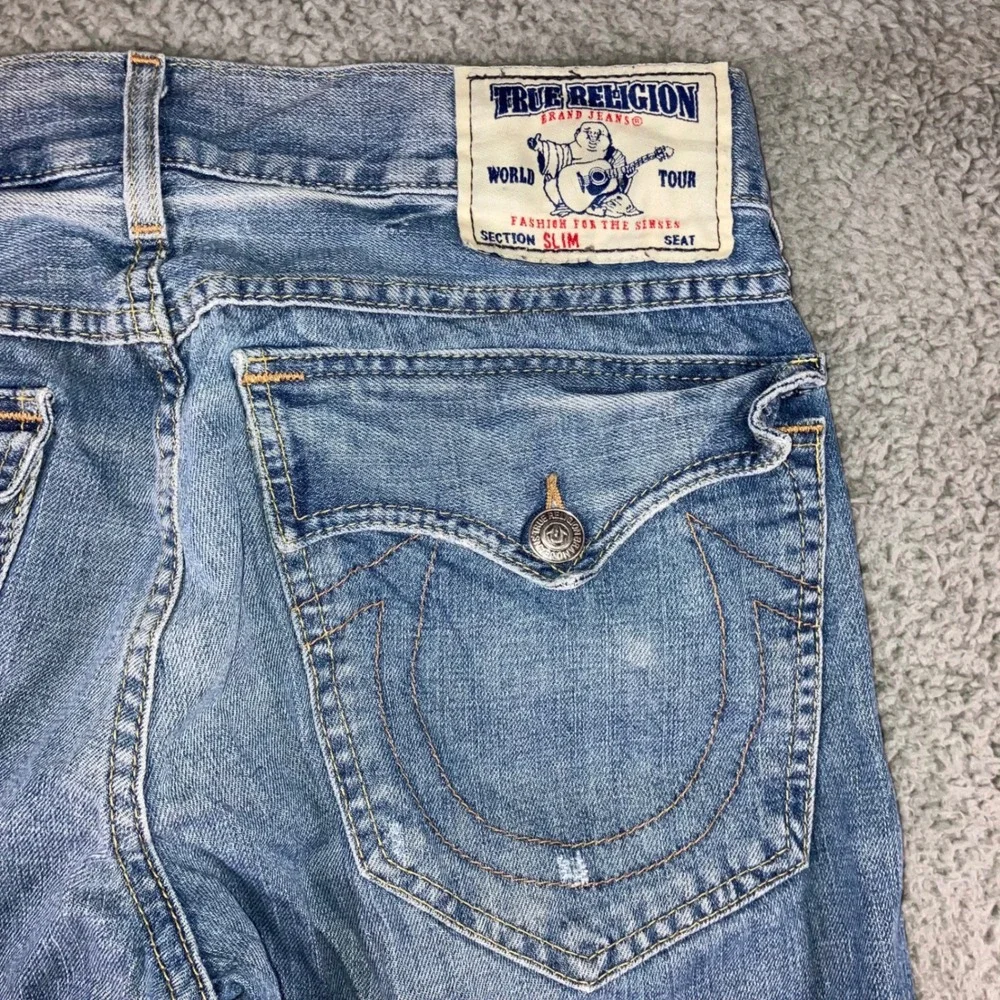 Vtg True Religion Slim Straight Jeans Men 34 Blue Flap Pocket Whiskered USA Made